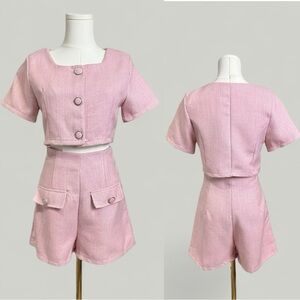 Tweed Top and Shorts Set Women Size Medium Pink Short Sleeves Highwaist Highrise
